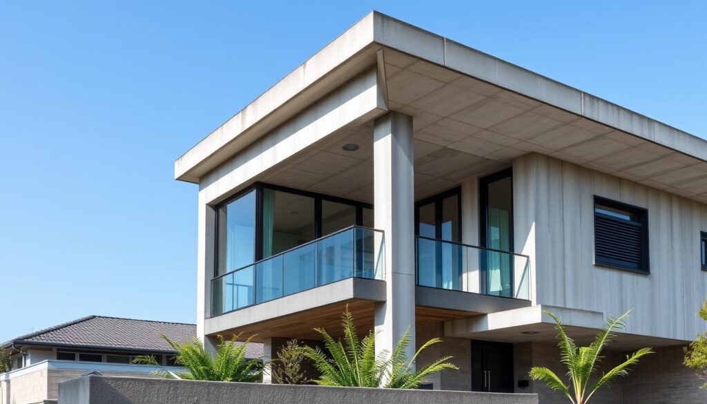 Imagem de uma casa moderna com telhado de concreto e estilo industrial