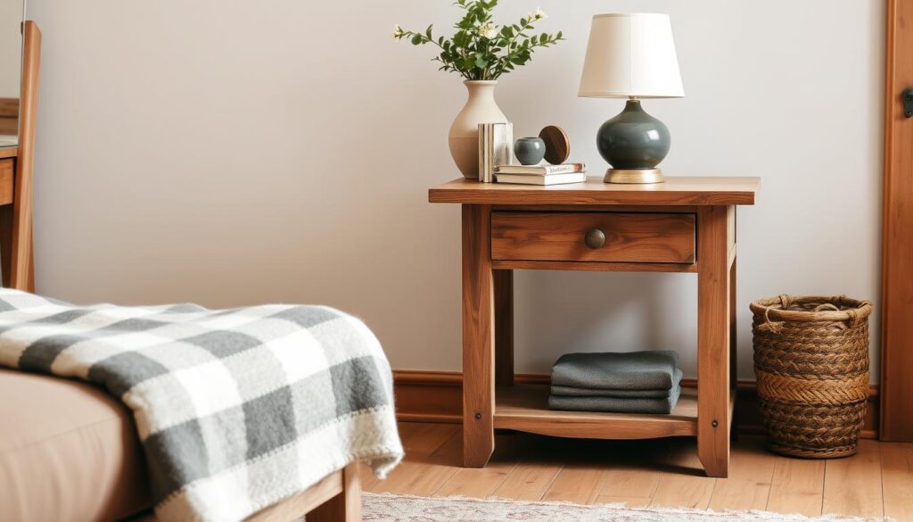 Imagem de uma mesa lateral de madeira em uma sala decorada com estilo rústico