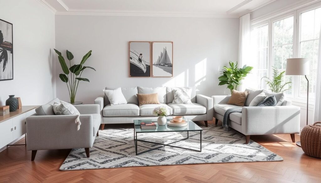 Imagem de uma sala com sofá cinza claro e tapete estampado