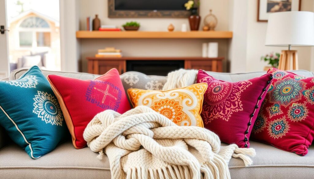 Imagem de uma sala de estar com almofadas decorativas coloridas e uma manta confortável