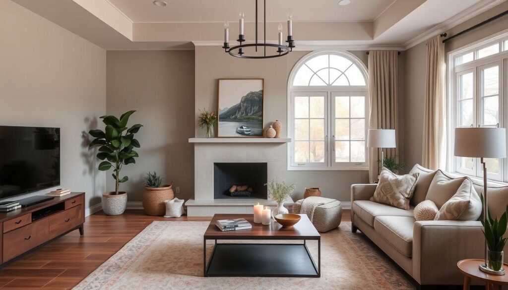 Imagem de uma sala de estar com cores relaxantes