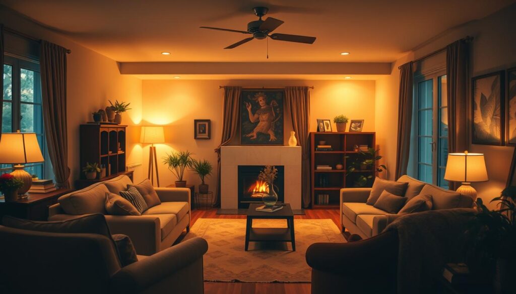 Imagem de uma sala de estar com iluminação artificial