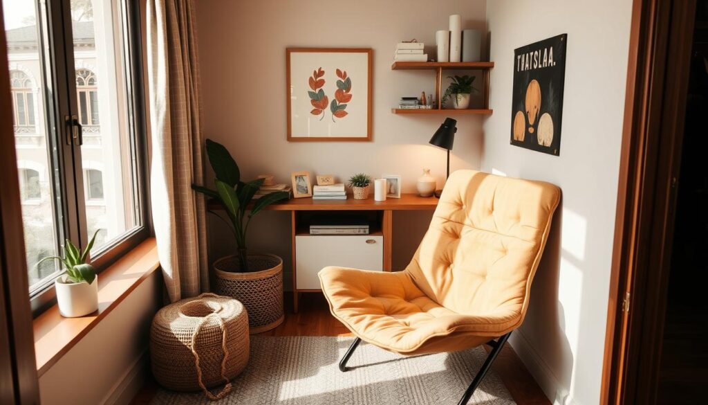 Imagem de uma sala pequena decorada com uma cadeira compacta e multifuncional. Imagem de uma sala pequena decorada com uma cadeira compacta e multifuncional.
