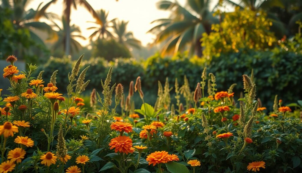 Lush, vibrant foliage of mosquito-repelling plants cascading across a serene Brazilian garden scene. In the foreground, clusters of citronella, lemongrass, and marigolds sway gently in a warm, golden-hour light. The middle ground features a mix of fragrant herbs like basil, catnip, and peppermint, their leaves rustling in a soft, tropical breeze. In the background, a backdrop of towering palm trees and dense, verdant shrubbery sets the scene in a tranquil, humid Brazilian environment. The overall composition conveys an organic, natural solution to keeping mosquitoes at bay, perfectly suited for the Brazilian climate and lifestyle.