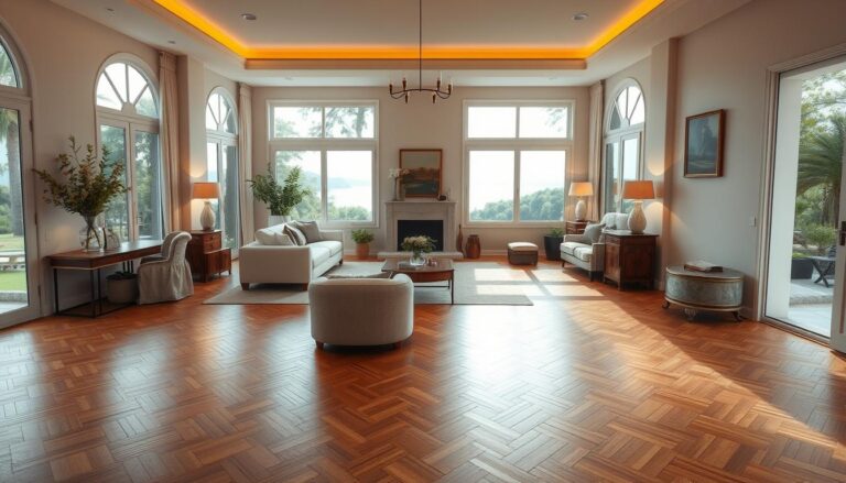 Sala com piso de tacos