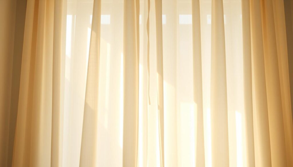 Soft, translucent curtains gracefully billowing in a warm, natural light. Delicate fabric gently flowing, filtering sunbeams and casting a tranquil, diffused glow throughout the cozy space. Clean, minimalist design accentuates the airy, ethereal quality, creating a serene and inviting atmosphere. Subtly textured panels hang effortlessly, their sheer elegance enhancing the brightness and openness of the room. Capture the tranquil essence of a Brazilian interior, where these lush, light-enhancing curtains transform the environment into a calming, luminous retreat.