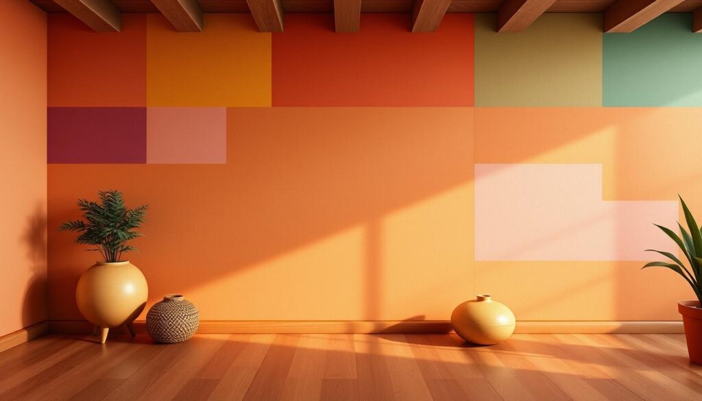 Vibrant, harmonious color distribution showcasing a captivating array of hues. A visually striking composition featuring gradients, blocks, and patterns that seamlessly blend together, creating a sense of balance and visual interest. Warm, earthy tones complement cooler shades, resulting in a soothing, inviting palette that evokes the essence of a cozy Brazilian home. Crisp, high-resolution rendering with a natural, realistic aesthetic, free of any distracting elements. The image should serve as an inspirational guide, helping the viewer envision the transformative power of color in their living spaces.