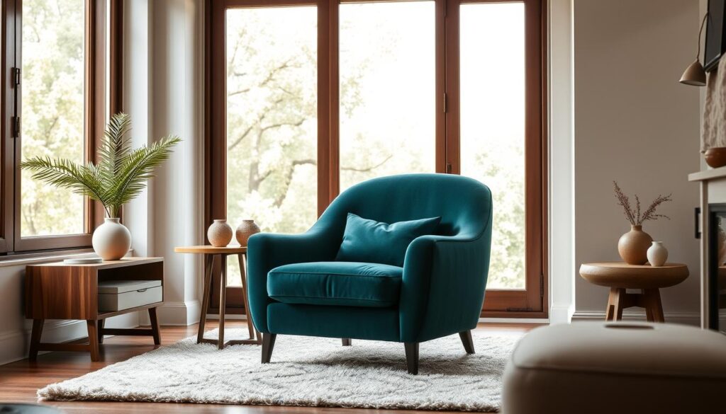 a cozy, inviting living room with a stylish, modern armchair in the center. The chair has a sleek, curved silhouette with soft, plush upholstery in a rich, saturated hue - perhaps a deep jewel-toned blue or emerald green. The chair is positioned in front of a large window, allowing natural light to flood the space and create a warm, welcoming ambiance. The room features a mix of neutral tones and natural textures, such as a wooden side table, a plush area rug, and minimal decorative accents that complement the chair's aesthetic. The overall scene conveys a sense of comfort, sophistication, and thoughtful design that would appeal to a Brazilian audience seeking the ideal decorative chair for their living space. a cozy, inviting living room with a stylish, modern armchair in the center. The chair has a sleek, curved silhouette with soft, plush upholstery in a rich, saturated hue - perhaps a deep jewel-toned blue or emerald green. The chair is positioned in front of a large window, allowing natural light to flood the space and create a warm, welcoming ambiance. The room features a mix of neutral tones and natural textures, such as a wooden side table, a plush area rug, and minimal decorative accents that complement the chair's aesthetic. The overall scene conveys a sense of comfort, sophistication, and thoughtful design that would appeal to a Brazilian audience seeking the ideal decorative chair for their living space.