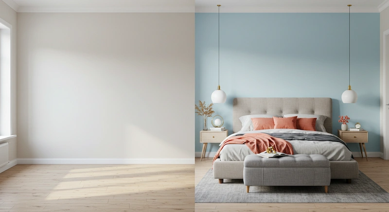 Quarto moderno mostrado em imagem dividida com antes simples, sem decoração, e depois decorado com a regra 60-30-10, destacando a transformação harmoniosa e aconchegante no mesmo ambiente.