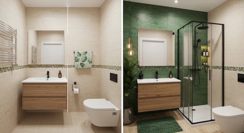 Comparação lado a lado de um banheiro antes e depois da decoração com a regra 60-30-10. À esquerda, o banheiro simples e sem decoração, com paredes claras e pia branca básica. À direita, o mesmo banheiro reformado com tons claros nas paredes (60%), elementos de design em preto fosco e madeira (30%) e detalhes decorativos em verde e dourado (10%). A imagem mostra claramente a transformação no mesmo ambiente, destacando a harmonia e o impacto visual da técnica.