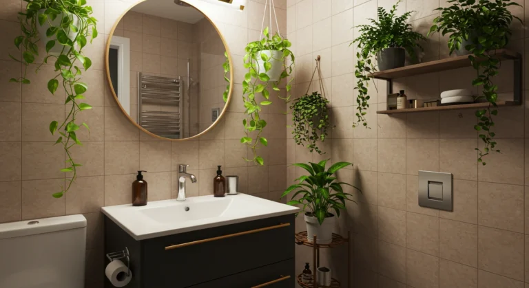 Banheiro pequeno de apartamento decorado com plantas como jiboia, peperômia e samambaia, mostrando como transformar o ambiente com verde mesmo em espaços compactos.