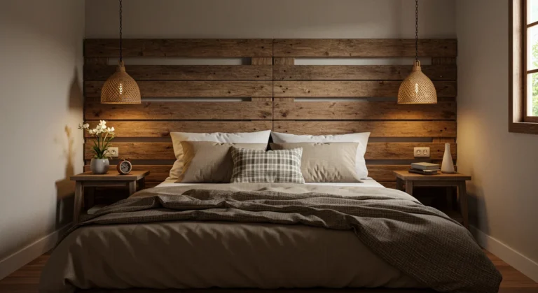 Quarto brasileiro aconchegante com cabeceira de cama rústica feita de pallet, cama com roupa de cama neutra, almofadas decorativas e iluminação suave, criando ambiente acolhedor e estiloso.