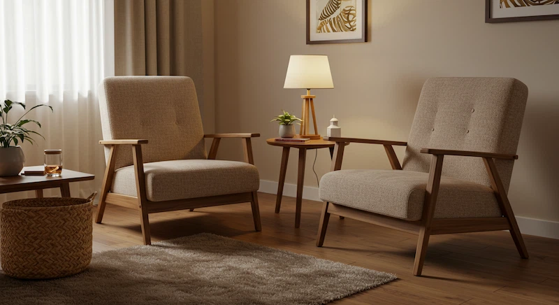 Sala de estar brasileira com cadeiras com braço confortáveis, criando um canto aconchegante para relaxamento com decoração natural e acolhedora.