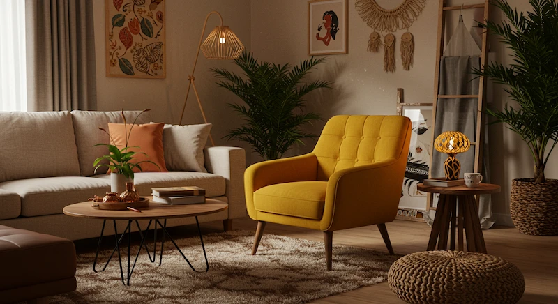 Sala de estar brasileira com cadeiras decorativas estilosas e funcionais, criando pontos focais que transformam o ambiente com personalidade, conforto e design acolhedor.