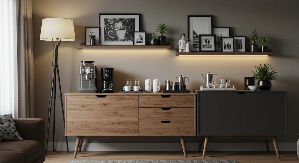 Cantinho do café moderno com aparador e buffet elegantes, equipado com máquina de café, xícaras e utensílios, em sala de estar aconchegante e organizada.