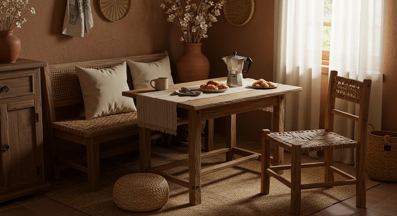 Cantinho do café rústico em casa brasileira, com mesa de madeira de demolição, cadeira vintage, tapete de juta e decoração com elementos naturais como flores secas e cerâmica. Ambiente acolhedor e cheio de charme, com luz suave e atmosfera campestre.