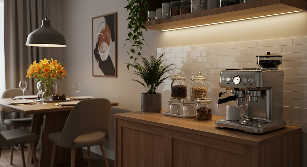 Cantinho do café elegante integrado à sala de estar com mesa de jantar, máquina de café expresso e decoração aconchegante para receber visitas.