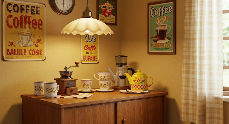 Cantinho do café estilo vintage em casa brasileira, com móveis antigos, moedor manual, louça retrô e iluminação aconchegante. Decoração com cores quentes e elementos nostálgicos que remetem às décadas de 1950 e 1960.