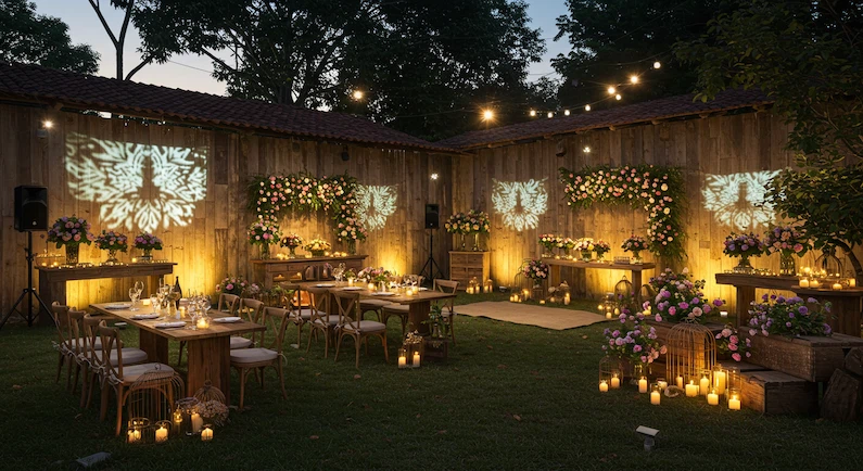 Casamento rústico chique com iluminação inteligente e tecnologia discreta integrada à natureza, criando um ambiente sofisticado e acolhedor ao ar livre no Brasil.