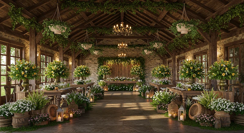 Salão de casamento no Brasil decorado com madeira, pedras e flores naturais, transformando o ambiente interno em um refúgio rústico chique e acolhedor.