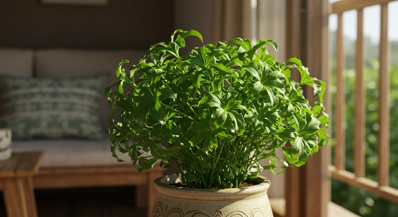Planta de citronela em vaso decorativo recebendo luz solar em varanda charmosa, ideal para afastar mosquitos com estilo natural.