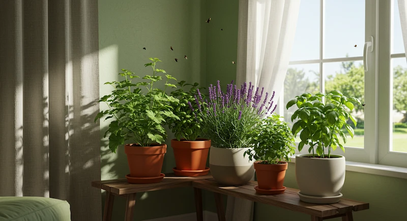Combinação de citronela, lavanda e manjericão em ambiente interno iluminado, com circulação de ar para aumentar o efeito repelente natural.