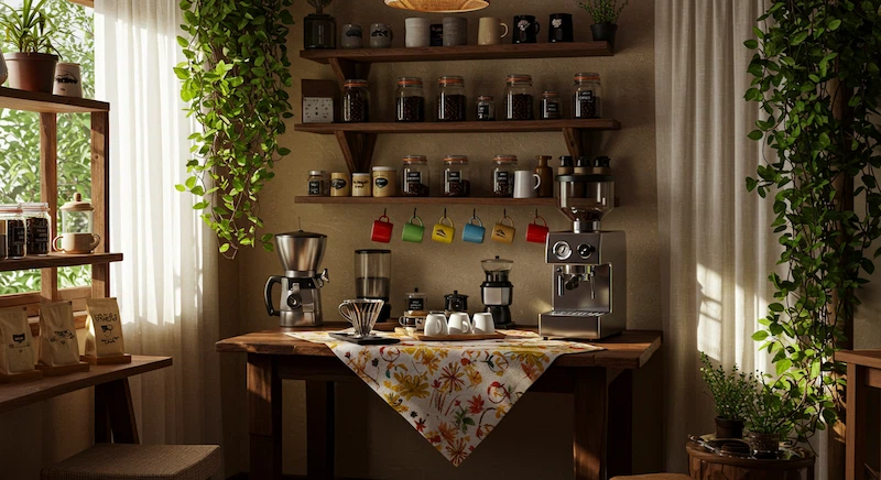 Um cantinho aconchegante e ensolarado com uma mesa rústica de madeira, adornada com uma toalha de mesa vibrante e uma variedade convidativa de acessórios para fazer café. Prateleiras repletas de canecas artesanais, potes de grãos aromáticos e uma máquina de café expresso elegante, de inspiração vintage. Trepadeiras e vegetação exuberante emolduram a cena, conferindo um toque de charme natural. Uma iluminação suave e difusa filtra-se através das cortinas transparentes, criando um ambiente acolhedor e convidativo. A atmosfera geral exala uma sensação de conforto, artesanato e o charme quintessencial de um aconchegante café brasileiro.