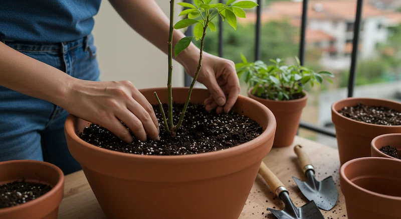 Pessoa plantando uma muda da Árvore da Felicidade por estaca em um vaso grande, durante a primavera ou verão, com substrato úmido e ferramentas de jardinagem ao lado.