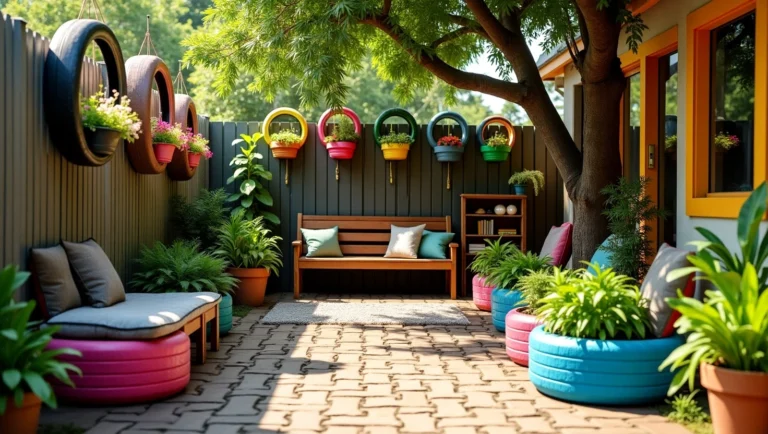 Jardim brasileiro decorado com pneus reciclados, incluindo vasos suspensos, canteiros coloridos, horta vertical e móveis de jardim, criando um espaço criativo, sustentável e acolhedor.
