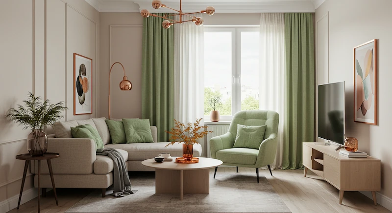 Sala de estar pequena com decoração em tons bege claros, demonstrando a aplicação da cor dominante segundo a regra 60-30-10. A iluminação natural valoriza o ambiente, tornando-o mais amplo e aconchegante. Ideal para inspirar a escolha de cores em espaços compactos.