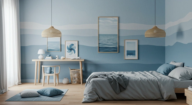 Quarto decorado com Azul Trovoada e Azul Marola, cores que remetem ao céu e ao mar, ideais para criar ambientes serenos e relaxantes em casas brasileiras.