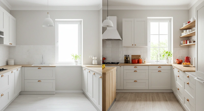 Cozinha moderna em imagem comparativa de antes e depois da regra 60-30-10, mostrando transformação funcional e decorativa com cores neutras, móveis em destaque e acessórios coloridos.