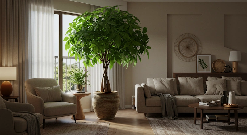 Árvore da Felicidade grande e saudável em vaso decorativo na sala de estar e jantar brasileira, iluminada por luz natural. Ambiente aconchegante e sofisticado com móveis elegantes e decoração em tons neutros e terrosos.