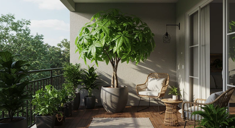 Árvore da Felicidade saudável em varanda ou área externa brasileira, em vaso resistente, posicionada em local protegido do sol forte e do frio. Ambiente decorado com móveis confortáveis e outras plantas, transmitindo tranquilidade e conexão com a natureza.