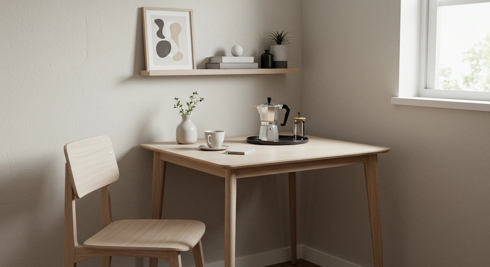 Cantinho do café minimalista em casa brasileira, com mesa de linhas retas, cores neutras e poucos itens decorativos. Ambiente limpo, elegante e bem iluminado, ideal para quem busca simplicidade e organização.