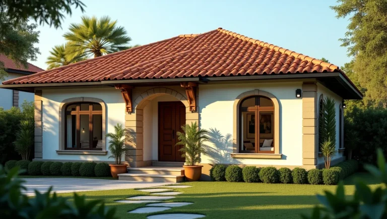 Foto de uma charmosa casa brasileira com telhado em estilo colonial, combinando telhas de barro clássicas com uma fachada limpa e elegante. A casa está situada em um bairro tranquilo e ensolarado, com áreas verdes ao redor. A arquitetura apresenta charme colonial — como beirais, janelas em arco ou detalhes em madeira — combinados com toques modernos, como cores neutras nas paredes e um jardim bem cuidado. Inclua toques visuais de decoração aconchegante, visíveis através de janelas ou de uma porta aberta, sugerindo um design harmonioso por dentro e por fora. A iluminação é de golden hour (final da tarde), realçando texturas e sombras. 4K ultra-HD, estilo capa de revista, composição vibrante, porém elegante.