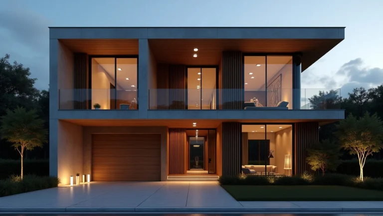 Fachada moderna de casa com pé direito alto iluminada elegantemente ao entardecer, destacando linhas verticais, janelas amplas e combinação de madeira e concreto com luzes LED quentes.