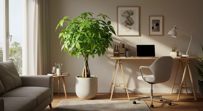 Árvore da Felicidade em um escritório moderno e iluminado no Brasil, posicionada próxima a uma janela ou sobre uma mesa de trabalho. O ambiente transmite harmonia e produtividade, com decoração neutra, luz natural e elementos funcionais.