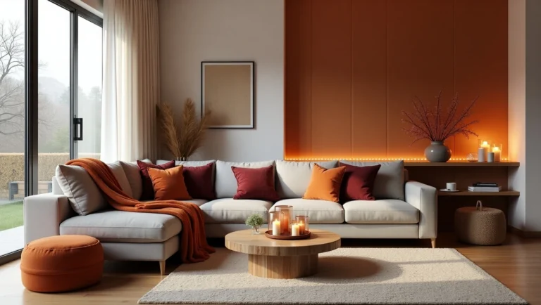 Sala de estar brasileira moderna com decoração de inverno econômica, com sofá cinza coberto por um cobertor de lã laranja-ferrugem e almofadas de veludo bordô com padrões brasileiros. Um tapete de lã felpudo bege ancora uma mesa de centro reaproveitada com velas em potes de vidro e uma samambaia. Paredes off-white têm uma parede de destaque com papel adesivo terracota em espinha de peixe. Cortinas pesadas de plush creme emolduram janelas amplas, mesclando luz nublada com texturas aconchegantes.