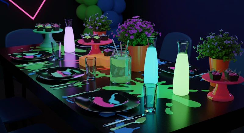 Um cenário vibrante com neon para uma animada festa de aniversário infantil. O tampo da mesa é adornado com uma superfície preta elegante e brilhante, criando um contraste ousado com os detalhes em neon. Toques de verde, rosa e azul vibrantes dançam pela cena, emitindo um brilho marcante e eletrizante. Formas geométricas, de pratos angulares a centros de mesa de inspiração futurista, adicionam um toque lúdico e contemporâneo. Vasos translúcidos cheios de líquidos neon brilhantes servem como pontos focais cativantes, lançando um brilho hipnotizante por todo o arranjo. Sombras e reflexos sutis aumentam a sensação de profundidade e dimensionalidade, enquanto a renderização nítida e de alta resolução garante uma representação visualmente deslumbrante e hiper-realista que cativará o público brasileiro.