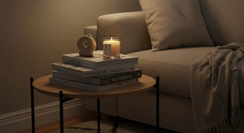 Mesa lateral decorada com livros e revistas empilhados ao lado de um sofá em ambiente aconchegante.