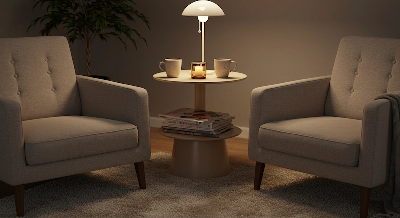 Mesa lateral entre duas poltronas em sala de estar acolhedora, com revistas e xícaras, criando ponto de apoio e equilíbrio visual.