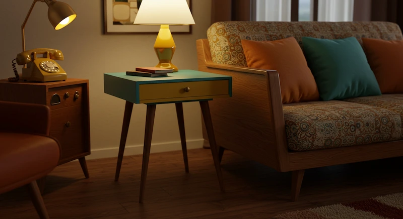 Sala de estar com mesa lateral retrô de pés palito e cores vibrantes, trazendo nostalgia e charme vintage à decoração.