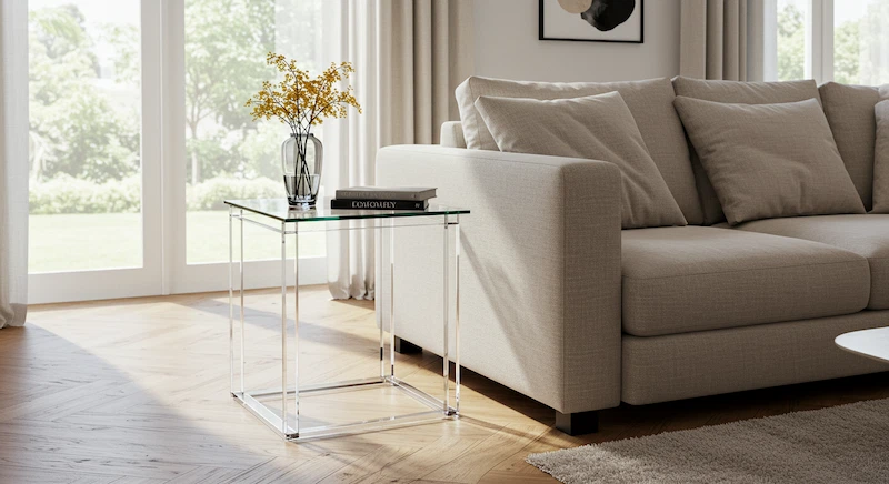 Sala de estar moderna e minimalista com mesa lateral de linhas retas em vidro e metal, criando ambiente clean e organizado.