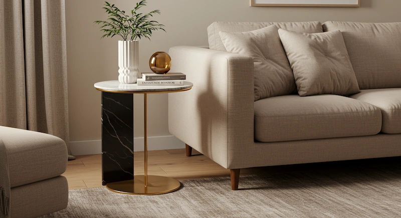 Sala de estar moderna com mesa lateral redonda ao lado do sofá, destacando suavidade e elegância na decoração.