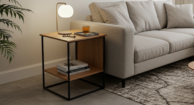 Sala de estar moderna com mesa lateral retangular ao lado do sofá, destacando funcionalidade e maior espaço para apoio de objetos.