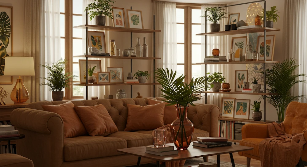 Uma sala de estar aconchegante e convidativa, repleta de uma variedade de elementos decorativos cuidadosamente selecionados que conferem aconchego e personalidade ao ambiente. Em primeiro plano, um sofá macio e acolchoado é adornado com uma coleção de almofadas vibrantes em tons terrosos. Na mesa de centro, um vaso com flores tropicais exuberantes adiciona um toque de cor e um toque natural e vibrante. No centro, uma estante modular exibe uma variedade de quadros, bijuterias e vasos de plantas, criando um interesse visual e uma sensação de aconchego. Ao fundo, grandes janelas permitem que a luz natural inunde o ambiente, projetando um brilho suave e dourado e destacando as texturas e os materiais em todo o espaço. A atmosfera geral é de conforto, elegância e uma estética tipicamente brasileira.