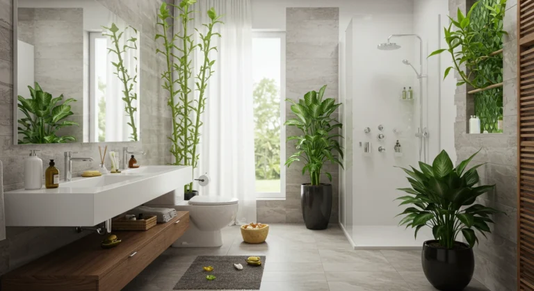 Banheiro moderno brasileiro decorado com plantas de Feng Shui, como bambu, lírio-da-paz e planta-jade, em um ambiente iluminado, elegante e minimalista que transmite harmonia, prosperidade e purificação de energias.