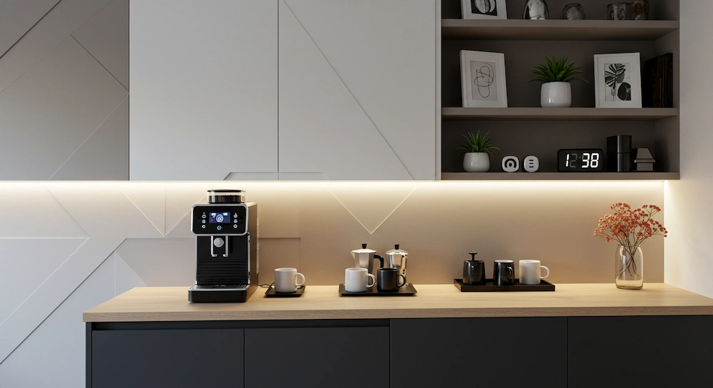 Cantinho do café moderno em casa brasileira, com mesa de linhas retas, cafeteira inteligente, iluminação LED e decoração minimalista em tons neutros. Espaço contemporâneo, funcional e sofisticado.