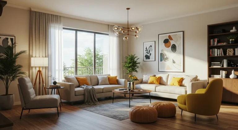 Sala moderna decorada com móveis elegantes, cores vibrantes, iluminação natural, elementos decorativos como almofadas, tapetes e plantas, perfeita inspiração de decoração para valorizar ambientes brasileiros